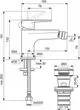 Bidetarmatur von Ideal Standard mit seitlichem Hebel und Push-Open-Ventil. Zeichnung zeigt technische Maße und Anschlüsse für die Montage.